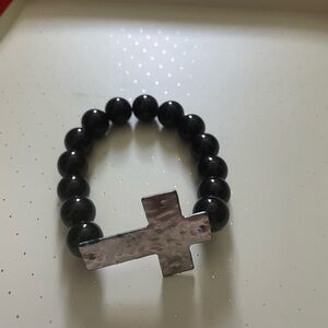 Black Beaded Bracelet with Silver Cross